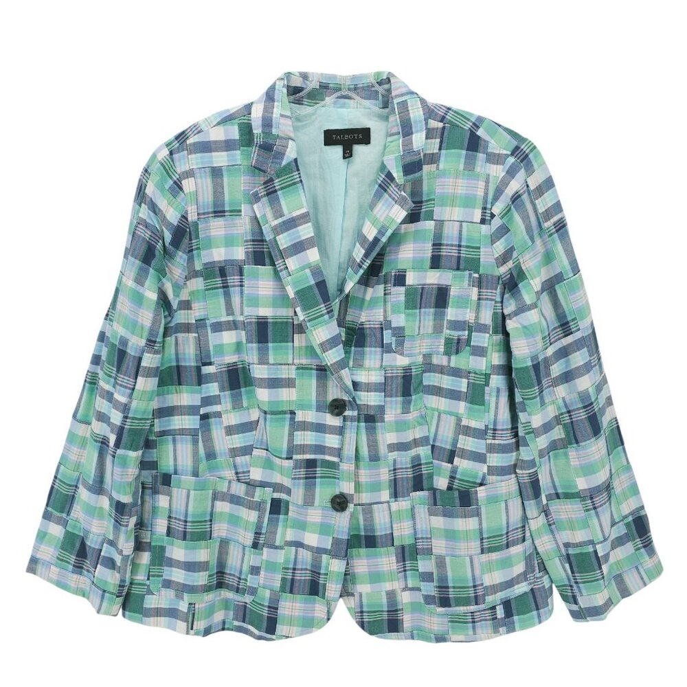 TALBOTS Blazer Jacket Green Blue Pink Plaid Patchwork 100% Cotton EUC Size 16